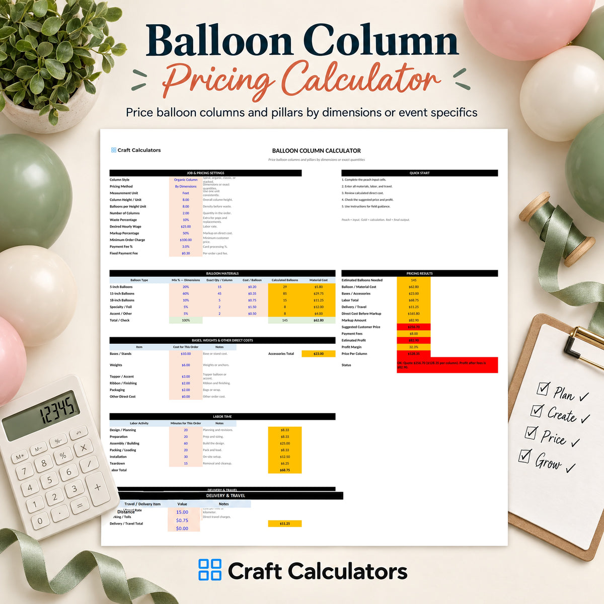 Balloon Column Pricing Calculator spreadsheet by Craft Calculators for balloon decorators