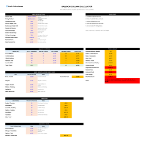 Balloon Column Pricing Calculator screenshot showing inputs, calculated results, and status line