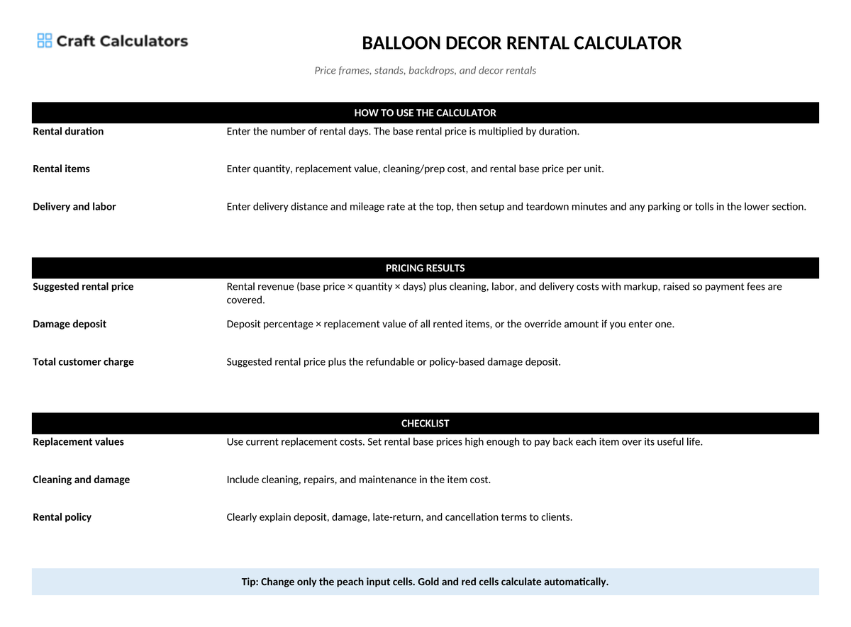Balloon Decor Rental Pricing Calculator instructions tab explaining how to use the workbook and what the results mean