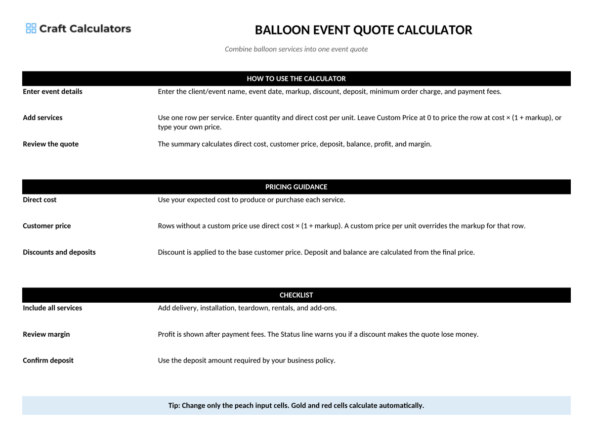 Balloon Event Quote Calculator instructions tab explaining how to use the workbook and what the results mean
