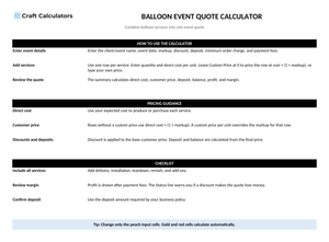 Balloon Event Quote Calculator instructions tab explaining how to use the workbook and what the results mean