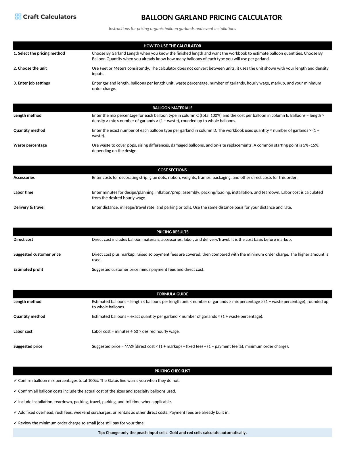 Balloon Garland Pricing Calculator instructions tab explaining how to use the workbook and what the results mean