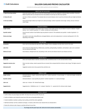 Balloon Garland Pricing Calculator instructions tab explaining how to use the workbook and what the results mean