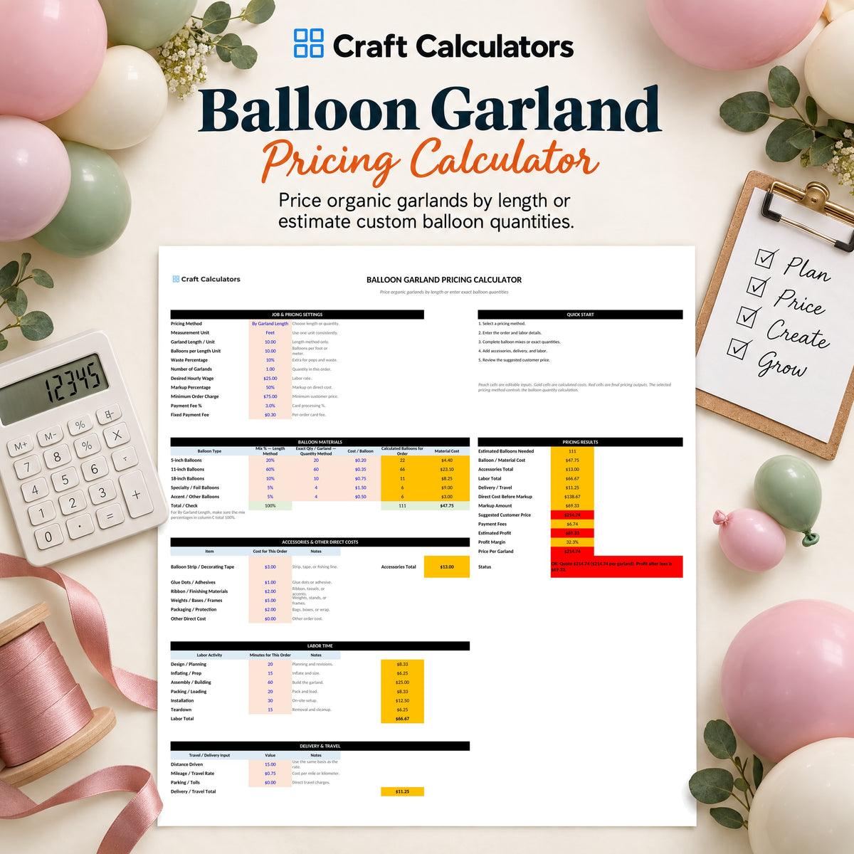 Balloon Garland Pricing Calculator spreadsheet by Craft Calculators for balloon decorators