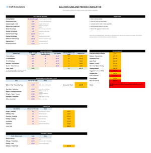 Balloon Garland Pricing Calculator screenshot showing inputs, calculated results, and status line