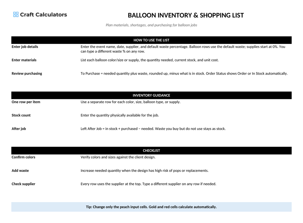 Balloon Inventory & Shopping List instructions tab explaining how to use the workbook and what the results mean