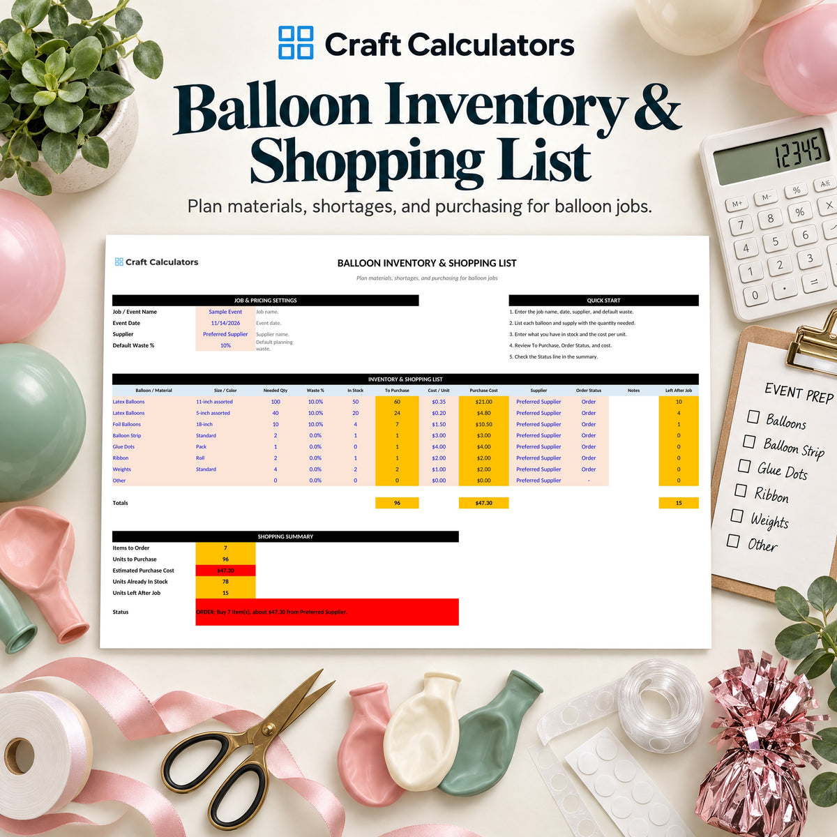 Balloon Inventory & Shopping List spreadsheet by Craft Calculators for balloon decorators