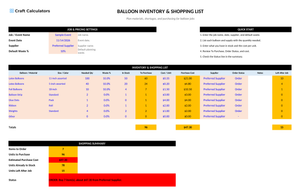 Balloon Inventory & Shopping List screenshot showing inputs, calculated results, and status line