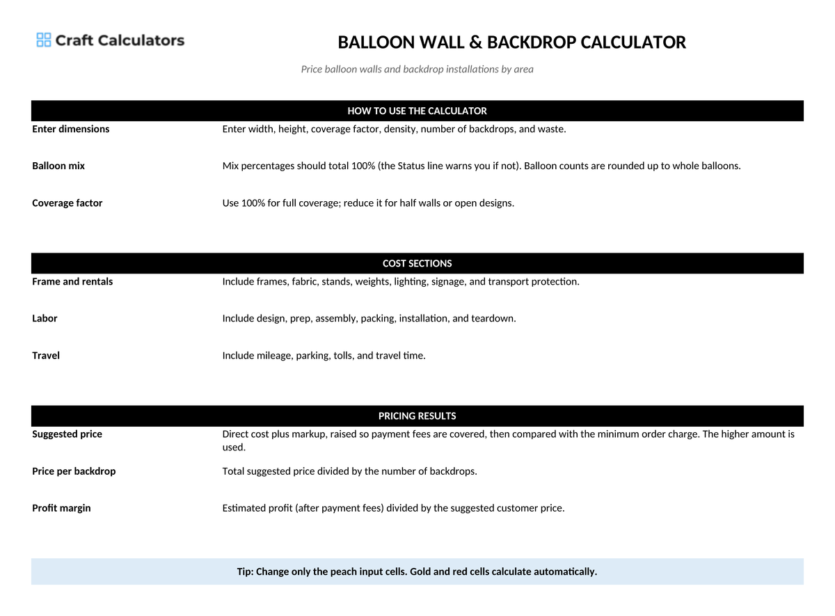 Balloon Wall & Backdrop Pricing Calculator instructions tab explaining how to use the workbook and what the results mean