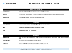 Balloon Wall & Backdrop Pricing Calculator instructions tab explaining how to use the workbook and what the results mean
