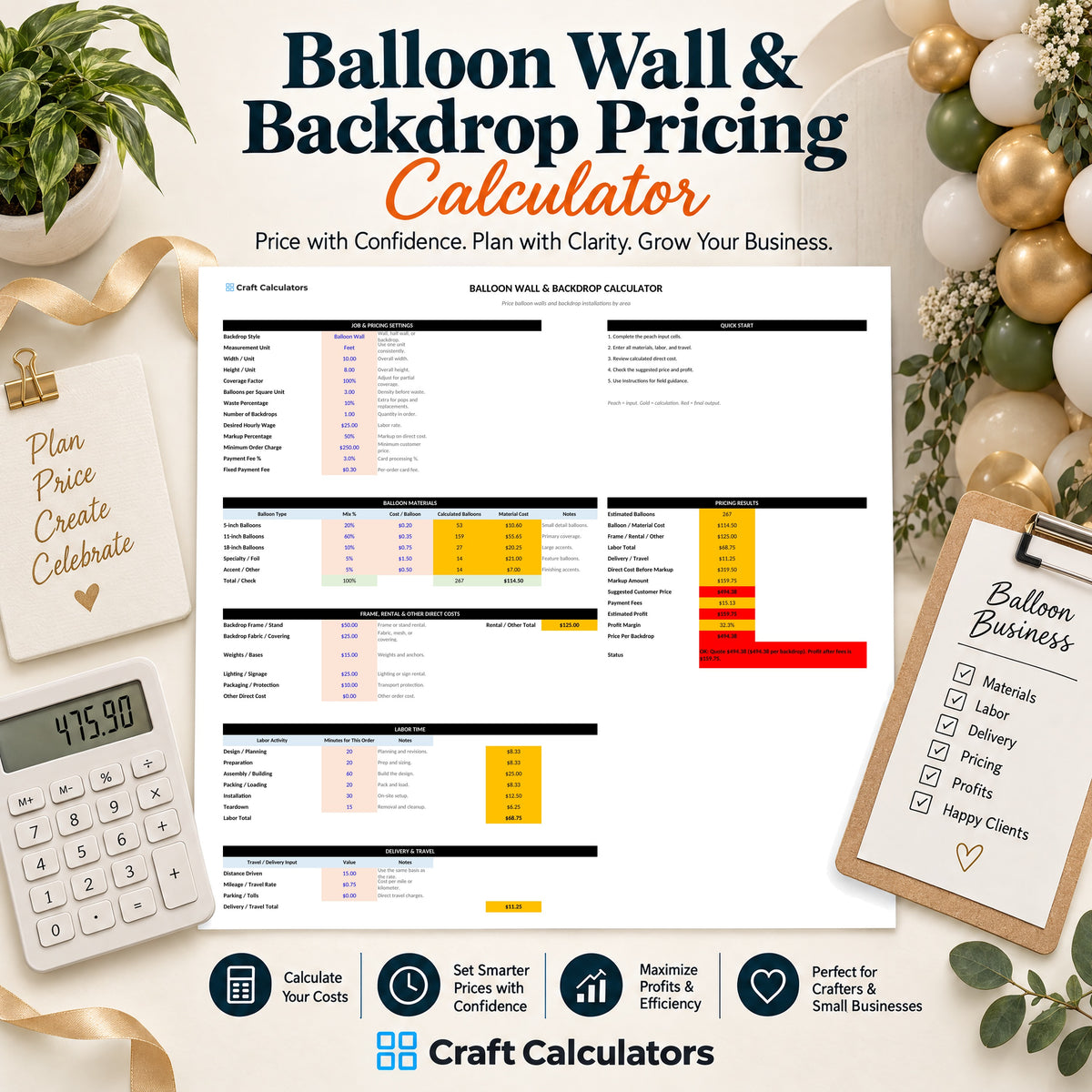 Balloon Wall & Backdrop Pricing Calculator spreadsheet by Craft Calculators for balloon decorators