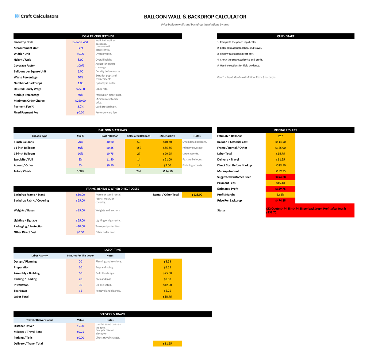 Balloon Wall & Backdrop Pricing Calculator screenshot showing inputs, calculated results, and status line