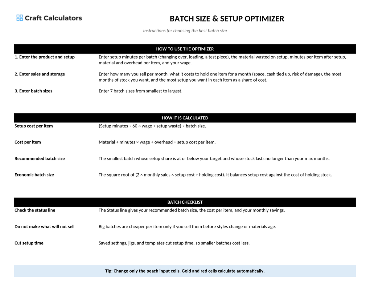 Batch Size & Setup Optimizer instructions tab explaining how to use the workbook and what the results mean