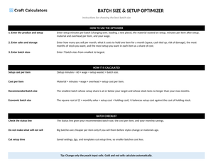 Batch Size & Setup Optimizer instructions tab explaining how to use the workbook and what the results mean