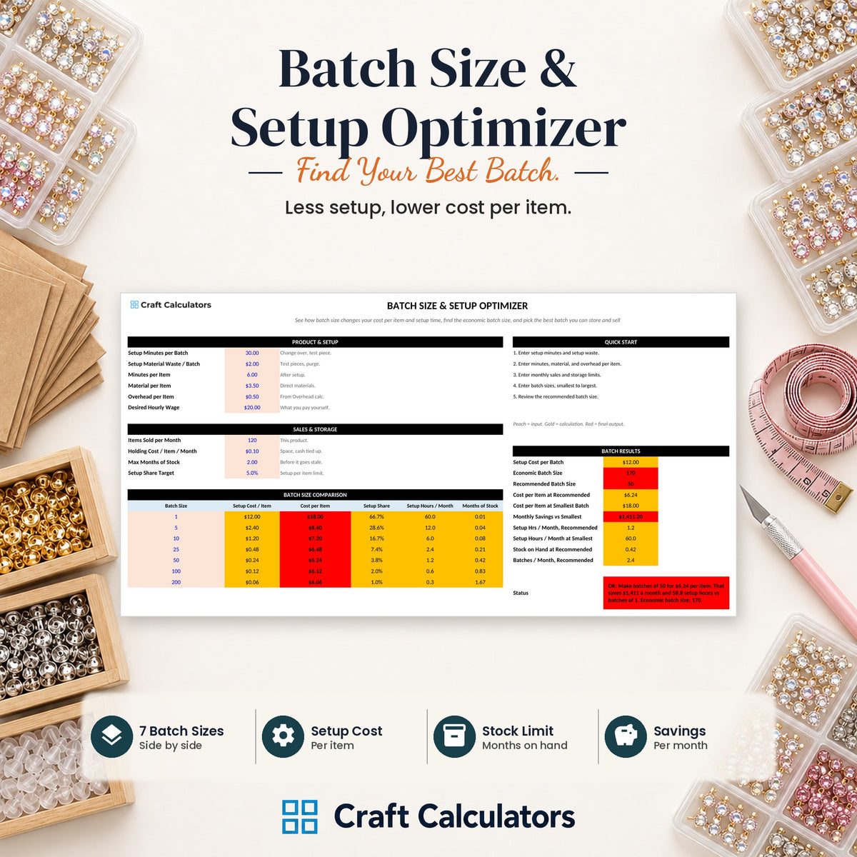 Batch Size & Setup Optimizer spreadsheet by Craft Calculators for handmade sellers