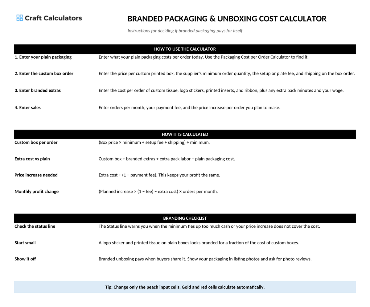Branded Packaging & Unboxing Cost Calculator instructions tab explaining how to use the workbook and what the results mean