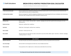 Break-Even & Monthly Production Goal Calculator instructions tab explaining how to use the workbook and what the results mean