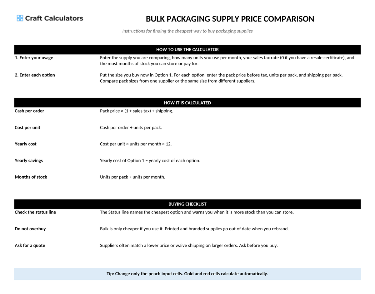 Bulk Packaging Supply Price Comparison instructions tab explaining how to use the workbook and what the results mean