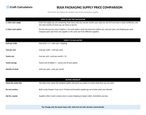 Bulk Packaging Supply Price Comparison instructions tab explaining how to use the workbook and what the results mean