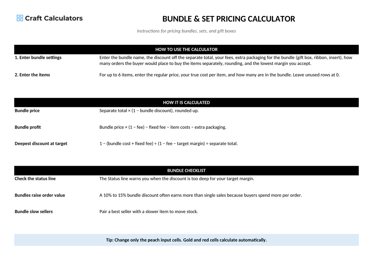 Bundle & Set Pricing Calculator instructions tab explaining how to use the workbook and what the results mean