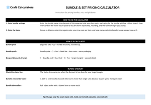 Bundle & Set Pricing Calculator instructions tab explaining how to use the workbook and what the results mean