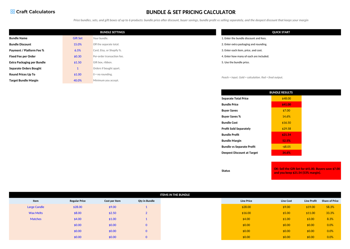 Bundle & Set Pricing Calculator screenshot showing inputs, calculated results, and status line