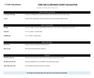 Cake Size & Servings Chart Calculator instructions tab explaining how to use the workbook and what the results mean