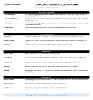 Candle Cost & Pricing Calculator (Grams) instructions tab explaining how to use the workbook and what the results mean