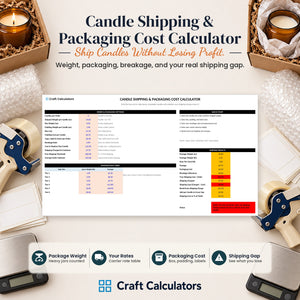 Candle Shipping & Packaging Cost Calculator spreadsheet by Craft Calculators for candle makers