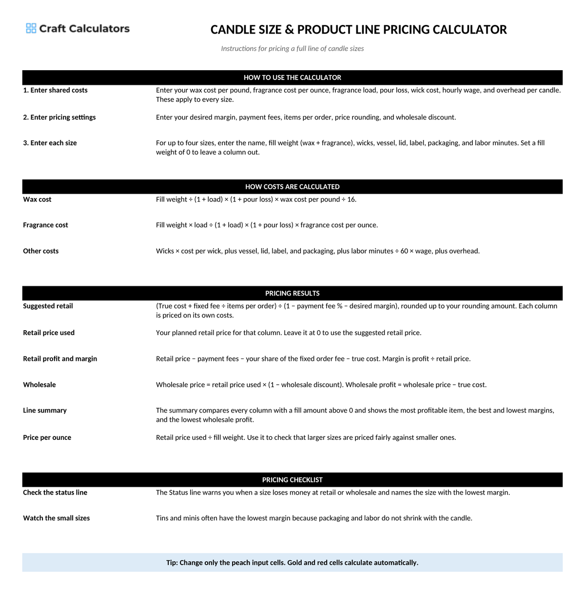 Candle Size & Product Line Pricing Calculator instructions tab explaining how to use the workbook and what the results mean
