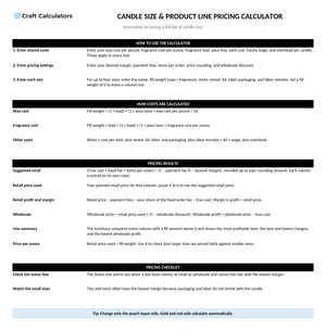 Candle Size & Product Line Pricing Calculator instructions tab explaining how to use the workbook and what the results mean