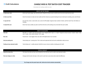 Candle Wick & Test Batch Cost Tracker instructions tab explaining how to use the workbook and what the results mean