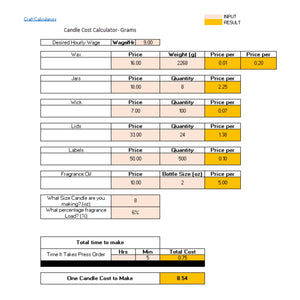 Candle Cost Calculator: Wax Weight in Grams - Graphic displaying the calculator's interface with examples of completed cost calculations.