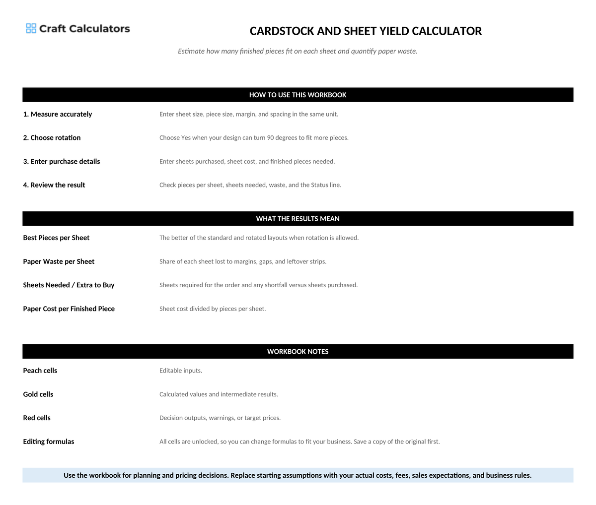 Cardstock and Sheet Yield Calculator instructions tab explaining how to use the workbook and what the results mean
