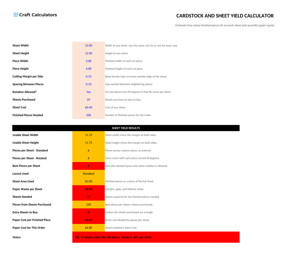 Cardstock and Sheet Yield Calculator screenshot showing inputs, calculated results, and status line