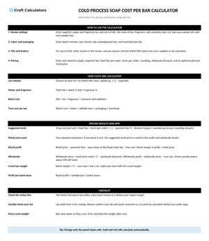 Cold Process Soap Cost per Bar Calculator instructions tab explaining how to use the workbook and what the results mean