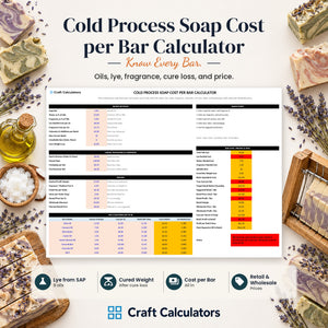 Cold Process Soap Cost per Bar Calculator spreadsheet by Craft Calculators for handmade sellers