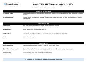 Competitor Price Comparison Calculator instructions tab explaining how to use the workbook and what the results mean
