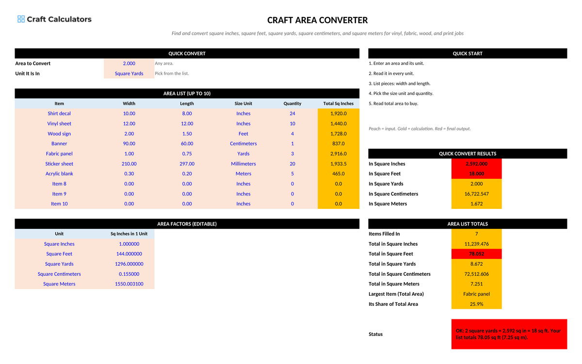 Craft Area Converter screenshot showing inputs, calculated results, and status line