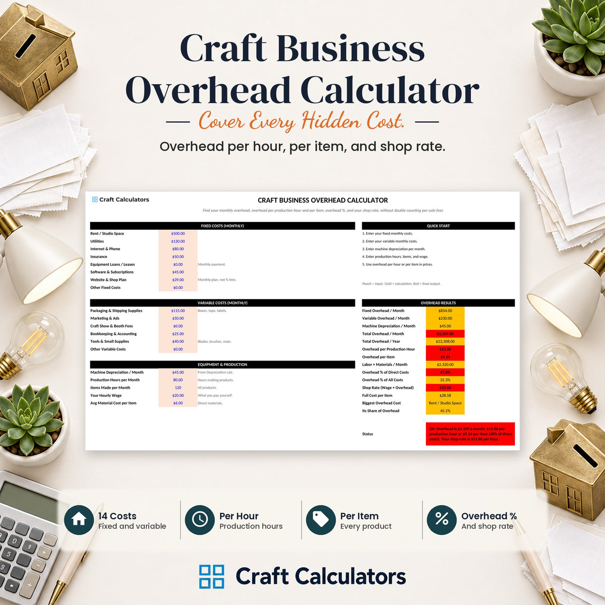 Craft Business Overhead Calculator spreadsheet by Craft Calculators for handmade sellers
