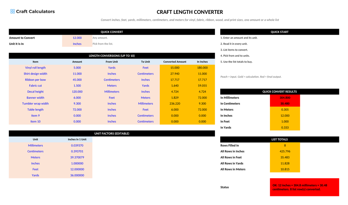 Craft Length Converter screenshot showing inputs, calculated results, and status line