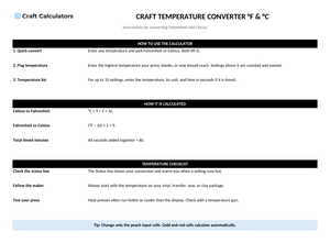 Craft Temperature Converter °F & °C instructions tab explaining how to use the workbook and what the results mean
