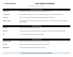 Craft Weight Converter instructions tab explaining how to use the workbook and what the results mean