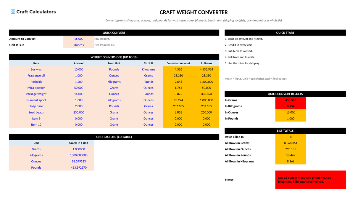 Craft Weight Converter screenshot showing inputs, calculated results, and status line