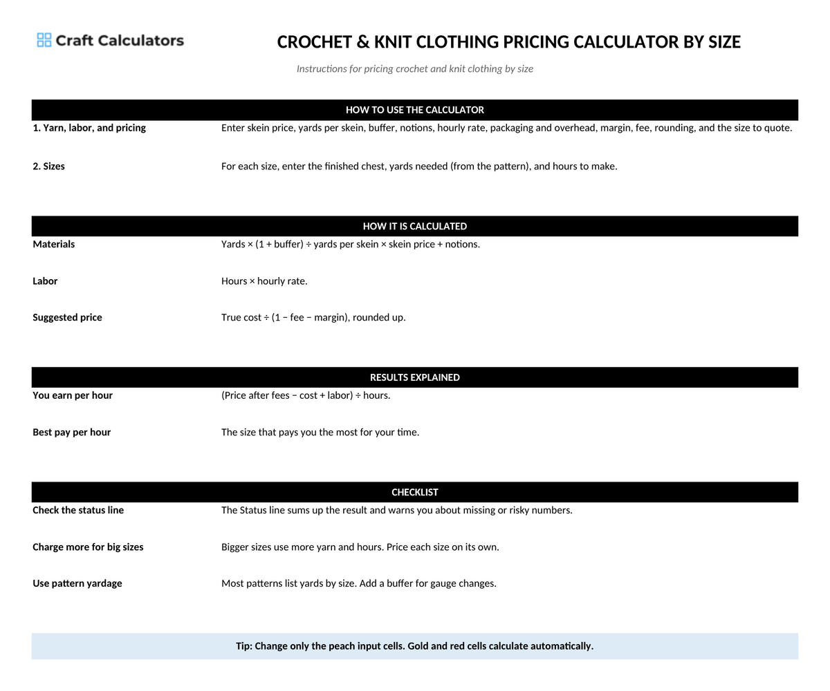 Crochet & Knit Clothing Pricing Calculator by Size instructions tab explaining how to use the workbook and what the results mean