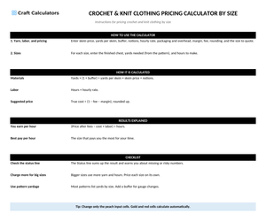 Crochet & Knit Clothing Pricing Calculator by Size instructions tab explaining how to use the workbook and what the results mean