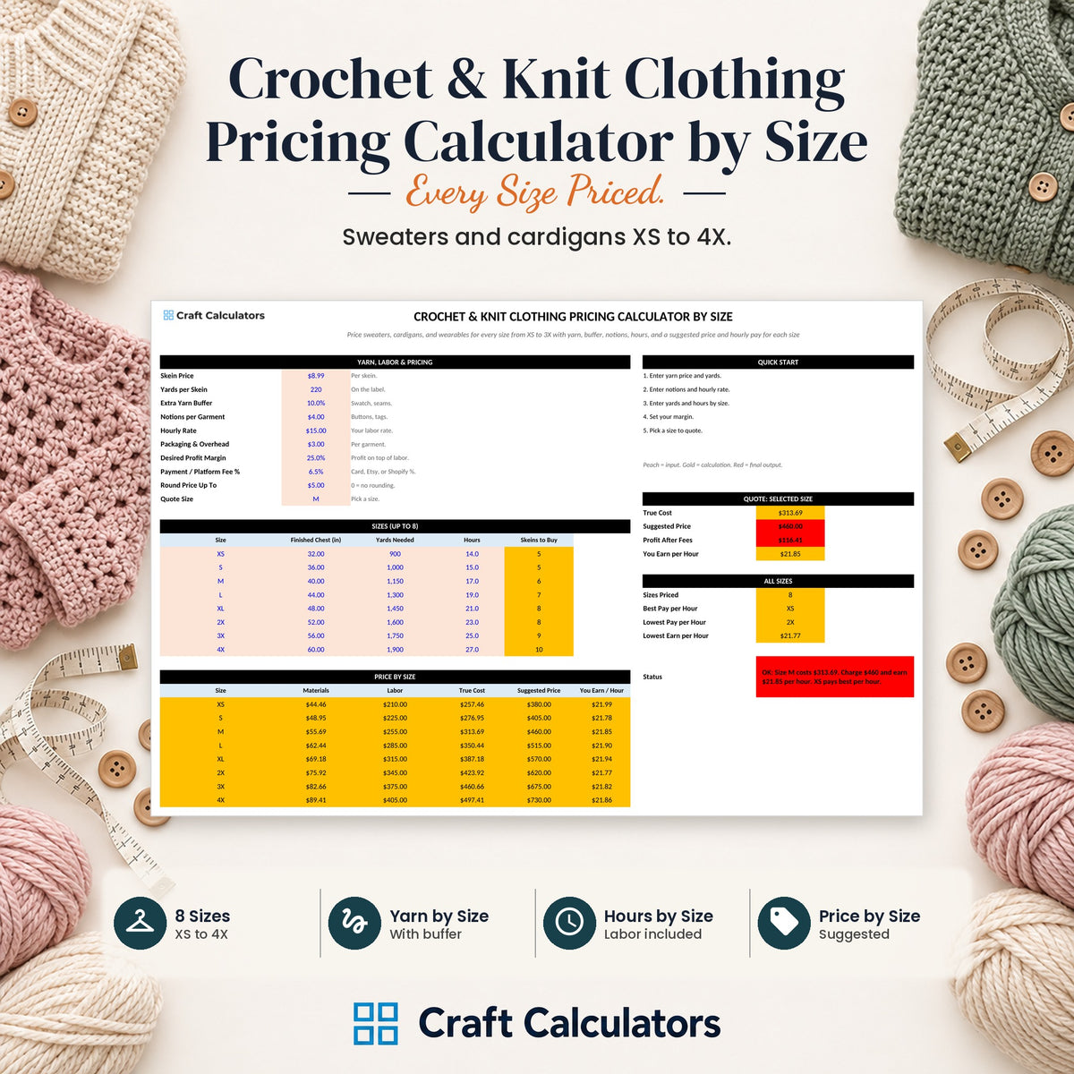 Crochet & Knit Clothing Pricing Calculator by Size spreadsheet by Craft Calculators for handmade sellers
