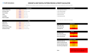 Crochet & Knit Pattern Pricing & Profit Calculator screenshot showing inputs, calculated results, and status line