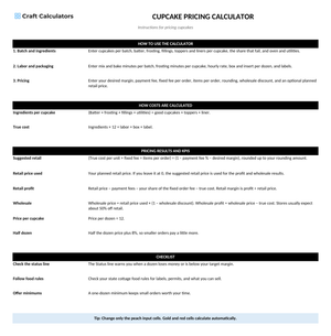 Cupcake Pricing Calculator instructions tab explaining how to use the workbook and what the results mean