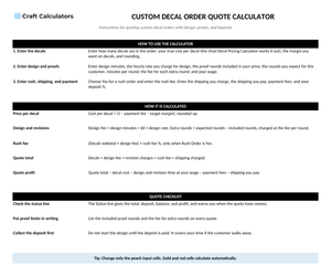 Custom Decal Order Quote Calculator instructions tab explaining how to use the workbook and what the results mean